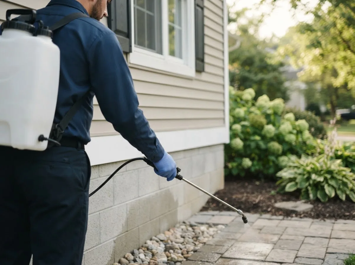 Pest control technician inspecting a home in Palm Beach Gardens, FL